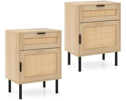 Set van 2 nachtkastjes van rotan, nachtkastje met lade en kast, mid-century, nachtkastje met metalen poten, natuurlijk/zwart