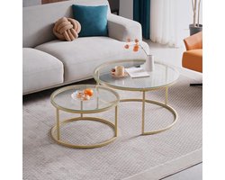 Set van 2 Nestbare Ronde Bijzettafels met Gehard Glas en Gouden Metaal Frame