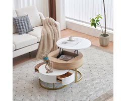 Set van 2 Nesting Coffee Table - opvouwbare ronde salontafel - gouden poten - bijzettafel met 2 laden - afmeting 70cm en 60cm - wit en natuurlijke kleur