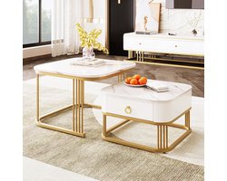 Set van 2 Nesting Salontafel - Stapelbare vierkante salontafel - hoogglans marmerlook blad - gouden poten - bijzettafel met laden - wit