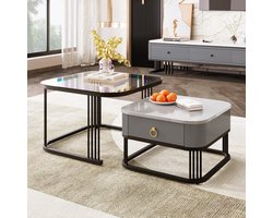 Set van 2 Nesting Salontafel - Stapelbare vierkante salontafel - hoogglans marmerlook en glazen blad - zwarte poten - bijzettafel met lades - grijs