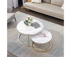 Set van 2 nesttafels; moderne ronde koffietafels voor woonkamer, slaapkamer, balkon, kantoor. Groot: 80 x 80 x 45 cm; klein: 60 x 60 x 35 cm (wit/goud)
