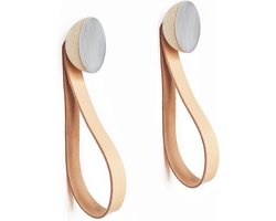 Set van 2 - ø5cm - Ronde Beukenhout & Aluminium Kapstok/Jashaak/Wandhaak met Leren Lus Hanger
