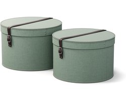 Set van 2 opbergdozen met deksel ronde opbergbox met leren riem grote en kleine hoedendoosjes van vezelplaat en papier in linnenlook - mintgroen.