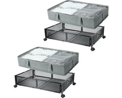 Set van 2 opbergdozen voor onder het bed, opbergdoos, metaal, rolladen, schoenorganizer, zwart
