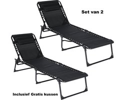 Set van 2 opvouwbare Ligbedden - Inclusief Hoofdkussen - Zonnebed - Ligstoel - Inklapbaar en Verstelbaar - Weerbestendig - Zwart