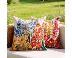 Set van 2 outdoor kussenhoezen, 40 x 40 cm, lente, wilde bloemenplanten, kleur, kussensloop, 3D-print, decoratief, vierkant, zacht, boerderij, decoratie voor thuis, bank, tuin