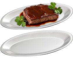 Set van 2 Ovale RVS Serveerplaten 27x17cm - Antieke Zilveren Look Snack- en Voorgerecht Schalen