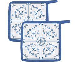 Set van 2 pannenlappen katoen blauw-wit 22x22 cm