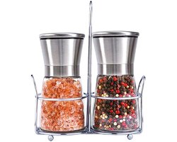 Set van 2 - Pepermolen - Zoutmolen - met roestvrijstalen standaard - goed voor peper, zout of andere kruiden - Hervulbaar - handmatig - Kruidenmolen - 6.8*13.5cm - zilver - pp