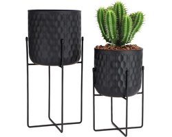 Set van 2 plantenbakken met standaard binnen buiten metalen plantenstandaard 45 en 31 cm hoge Morden plantenbakken bloempotten voor woonkamer hoek keuken kantoor tuin balkon decor (zwart)
