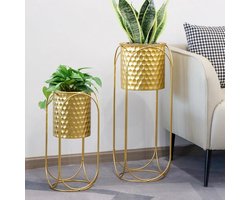 Set van 2 plantenbakken met standaard voor binnen en buiten - Hoge moderne bloempotten voor woonkamer, keuken, kantoor, tuin, balkon en terras - Goudkleurige decoratie - Planten 65 cm en 45 cm