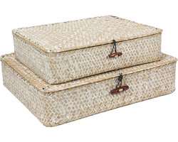 Set van 2 plat geweven rieten manden met deksel, natuurlijke zeegras-mandboxen, multifunctionele organizer, dozen voor plankorganizer