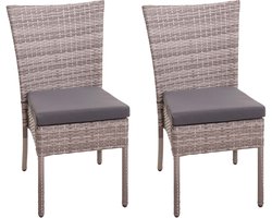 Set van 2 polyrotan stoelen MCW-G19, balkonstoel, tuinstoel, stapelbaar ~ grijsbruin, kussens donkergrijs