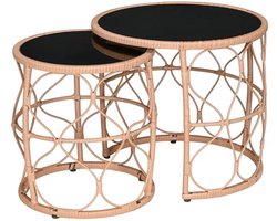 Set van 2 Rattan Bijzettafels - Stapelbare Salontafels met Glazen Blad - Boho Stijl voor Tuin en Balkon