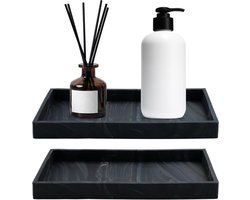 Set van 2 rechthoekige badkamer trays van resin, silicone opbergtray voor zeep, keuken en toilet, marmer zwart, 22x11cm