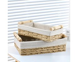 Set van 2 rechthoekige rieten opbergmanden met linnen voering - Bohemian stijl voor woonkamer, badkamer en keuken
