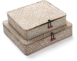 Set van 2 Rechthoekige Rotan Manden - Opbergmanden van Natuurlijk Geweven Zeegras - Plankmanden met Deksel (White Wash)