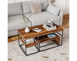 Set van 2 rechthoekige salontafels - Moderne salontafel in massief metaal met marmermotief, Etagère Intégrée, voor binnenhuisdecoratie, Bruin