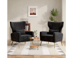 Set van 2 relaxfauteuils - Televisiefauteuils oorfauteuils - Woonkamer ontspanning - Hoofdkussen fluwelen bekleding - 69x69x58cm - Zwart