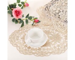 Set van 2 retro kanten placemats - Franse gehaakte deksels - Ovale geborduurde holle beker-vazen - Tafelmat voor eettafel - Keukenfeest - 39 x 27 cm - Wit