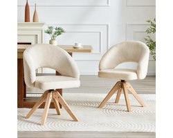 Set van 2 retro luxe draaistoelen. Witte stof met verticale strepen en massief houten poten, 360° geruisloze draaifunctie en een gebogen rugleuning. Geschikt voor eetkamers en woonkamers.