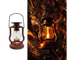 Set van 2 rode retro LED-lantaarns op zonne-energie, realistische hangende buitenlampen met knipperende vlam, nachtlampjes op zonne-energie voor op de camping