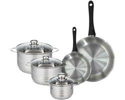 Set van 2 roestvrijstalen koekenpannen (20 en 28 cm) en 3 roestvrijstalen steelpannen (16, 20 en 24 cm) Fackelmann Genève