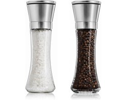 Set van 2 roestvrijstalen pepermolens - Glazen maalbeker - Versgemalen Sichuanpeperkorrels - Zeezoutmolen - Kruidenfles - 200 ml zout- en peperfles - Geschikt voor zout, peper en specerijen, vaatwasmachinebestendig (specerijen niet inbegrepen)