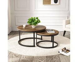 Set van 2 ronde bijzettafels met houten blad en metalen onderstel