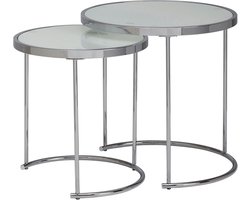 Set van 2 Ronde Bijzettafels met Wit Glazen Blad en Zilveren Frame