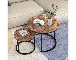 Set van 2 Ronde Bijzettafels Zwart en Rustiek Bruin - Nesting Tafels Woonkamer en Slaapkamer