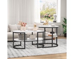 Set van 2 Ronde en Ovale Bijzettafels met Opbergruimte, Uitschuifbare Salontafel, Marmeren Look, Metalen Frame - Wit + Zwart
