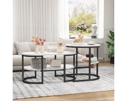 Set van 2 Ronde en Ovale Bijzettafels met Opbergruimte, Uitschuifbare Salontafel, Marmeren Look, Metalen Frame - Wit + Zwart