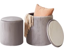 Set Van 2 Ronde Fluwelen Opbergpoefs – Luxe Make-Upkruk & Multifunctionele Voetensteun Met Gewatteerde Zitting – Grijs – Voor Woonkamer & Slaapkamer