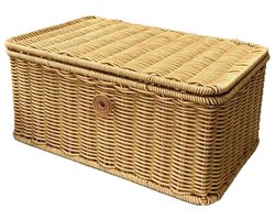 Set van 2 ronde opbergmanden van gevlochten rotan met deksel en gespsluiting: Klein (25*15*9 cm) + Medium (28*17*10 cm). Geschikt voor kaptafels, cosmetica en sieraden.