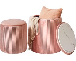 Set Van 2 Ronde Opbergpoefs – Fluwelen Make-Up Kruk – Moderne Salontafel Met Gewatteerde Zitting – Multifunctionele Voetensteun Voor Woonkamer En Slaapkamer – Roze