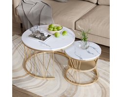 Set van 2 Ronde salontafel s 70/45 cm, V-vormig legbord Gouden legbord + white blad met marmermotief, geschikt voor woonkamer, koffiekamer, woonkamer - Wit met Goud