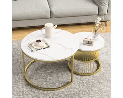 Set van 2 Ronde Salontafels 70/45 cm, Moderne Salontafels, Marmeren Bijzettafel voor Woonkamer, Balkon en Kantoor, Goud en Wit