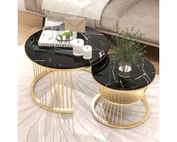 Set van 2 ronde salontafels 70/45 cm, salontafel met meerdere poten, blad met marmermotief, vergulde metalen poten, geschikt voor woonkamer, koffiekamer, woonkamer - Zwart Goud