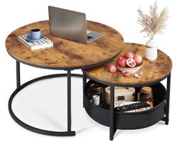 Set van 2 ronde salontafels 80cm & 60cm - Inclusief opbergruimte - Met stevig metalen frame - Ideaal voor woonkamer - Rustieke bruine afwerking - Rond en compact ontwerp