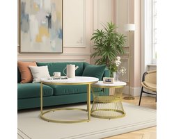 Set van 2 Ronde Salontafels - ADFBL - Nestbare Bijzettafels met Marmerlook - 70cm & 45cm - Modern Design met Metalen Frame - met Extra Legplank - goud