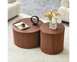 Set van 2 ronde salontafels - bijzettafels met verborgen opbergruimte - walnootlook - geribbeld design