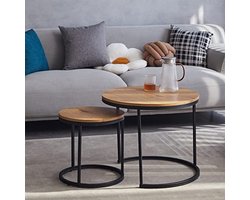 Set van 2 ronde salontafels en bijzettafels, hout, voor woonkamer en slaapkamer