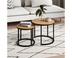 Set van 2 Ronde Salontafels Hout met Metalen Frame - Moderne Bijzettafel Set