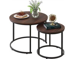 Set van 2 Ronde Salontafels Industrieel Design – Nestelbaar & Ruimtebesparend – Zwart Metalen Frame en Walnoot Tafelblad