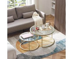 Set van 2 Ronde Salontafels met Glazen Blad en Metalen Onderstel
