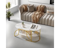 Set van 2 Ronde Salontafels met Gouden Metalen Frame en Wit Marmeren Tafelblad