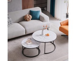 Set van 2 Ronde Salontafels met Imitatie Marmer Look - Stapelbaar en Modern