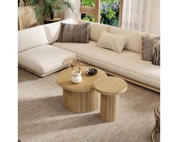 Set van 2 ronde salontafels – Moderne bijzettafels van natuurlijk hout met lattenontwerp, multifunctionele koffietafel voor woonkamer (66×66×40 + 40×40×46 cm)